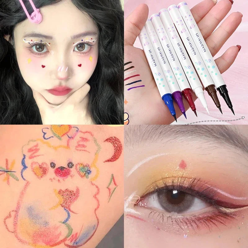 Crayon Eyeliner Liquide 6 Couleurs — waterproof, longue tenue, facile à appliquer, fini mat, couleurs noir, rouge, blanc, bleu, violet et brun