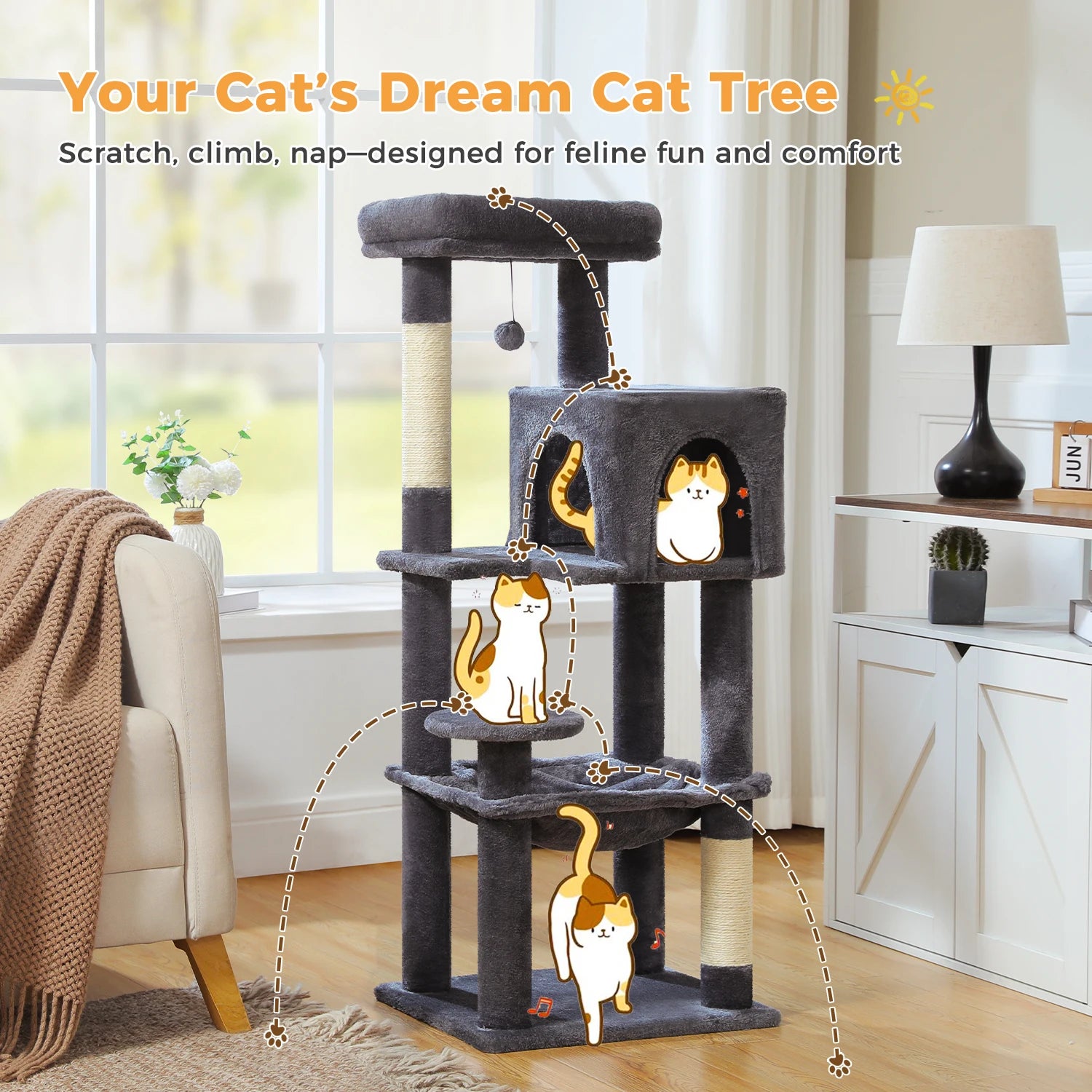 Multi-Level Cat Tree Tower – Cat Condo, Hammock & Scratching Activity Center