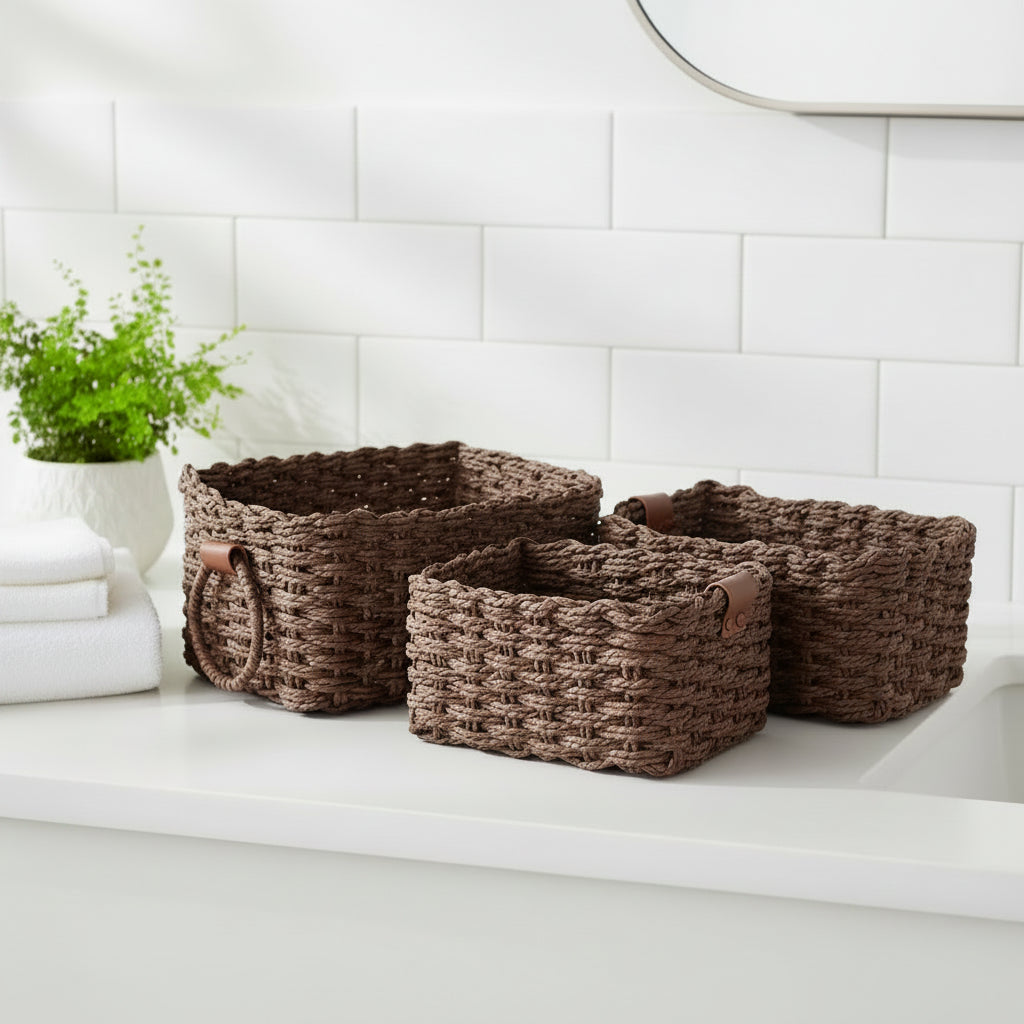 3PCS Woven Storage Basket Set – Decorative Rope Organizer Baskets with Handles