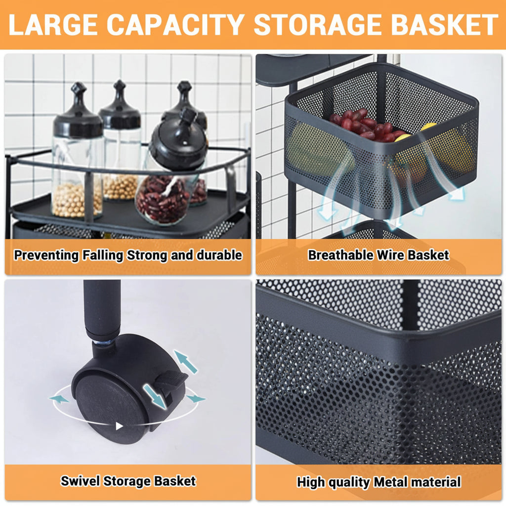 5-Tier Rotating Storage Rack with Wheels – Rolling Kitchen Organizer Basket Shelf