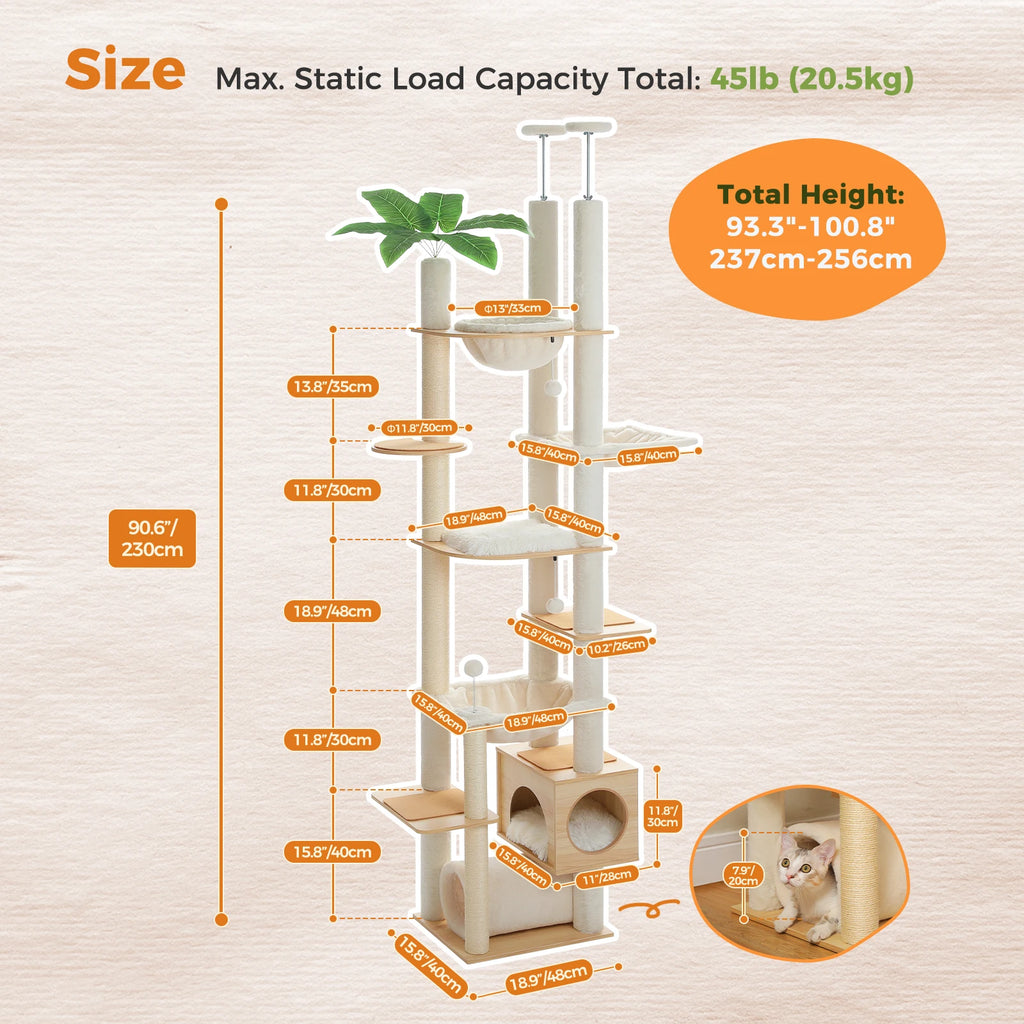 Floor-to-Ceiling Adjustable Wooden Cat Tree – Cat Tower with Hammock & Condo