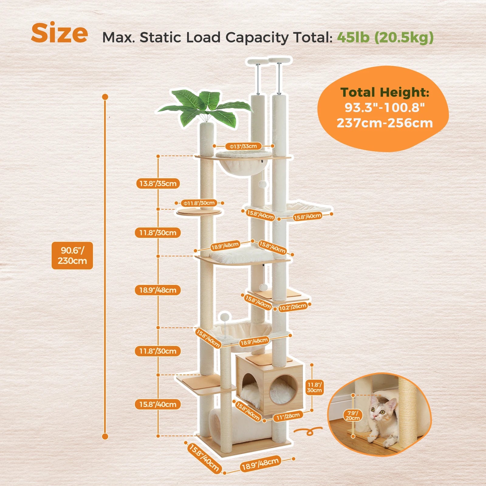 Floor-to-Ceiling Adjustable Wooden Cat Tree – Cat Tower with Hammock & Condo