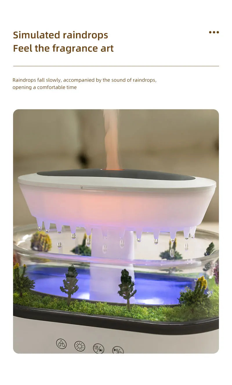 Raindrop Aroma Diffuser – Ultrasonic Humidifier with White Noise & Colorful LED Lights