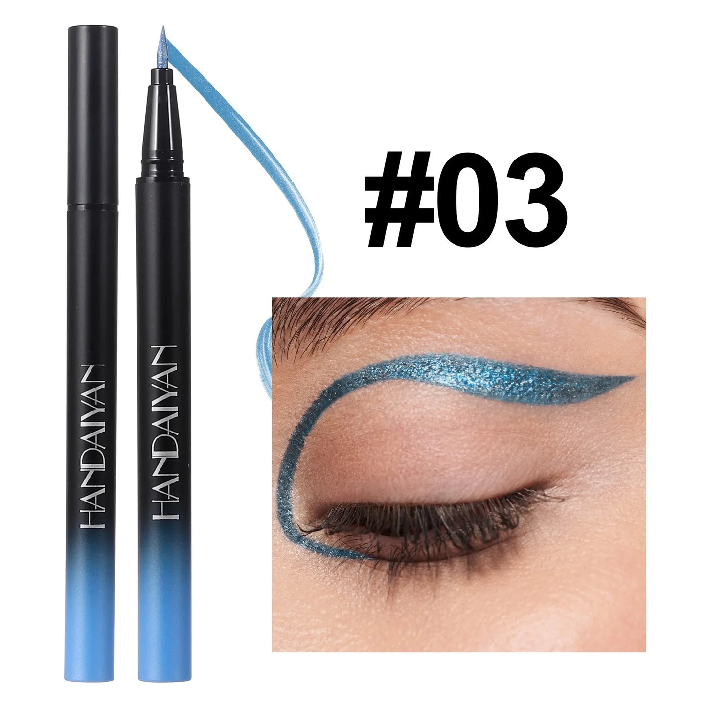 Eyeliner Liquide Diamant — brillant, waterproof, séchage rapide, fini métallique argent et or, perlé, effet soyeux, illumine le regard