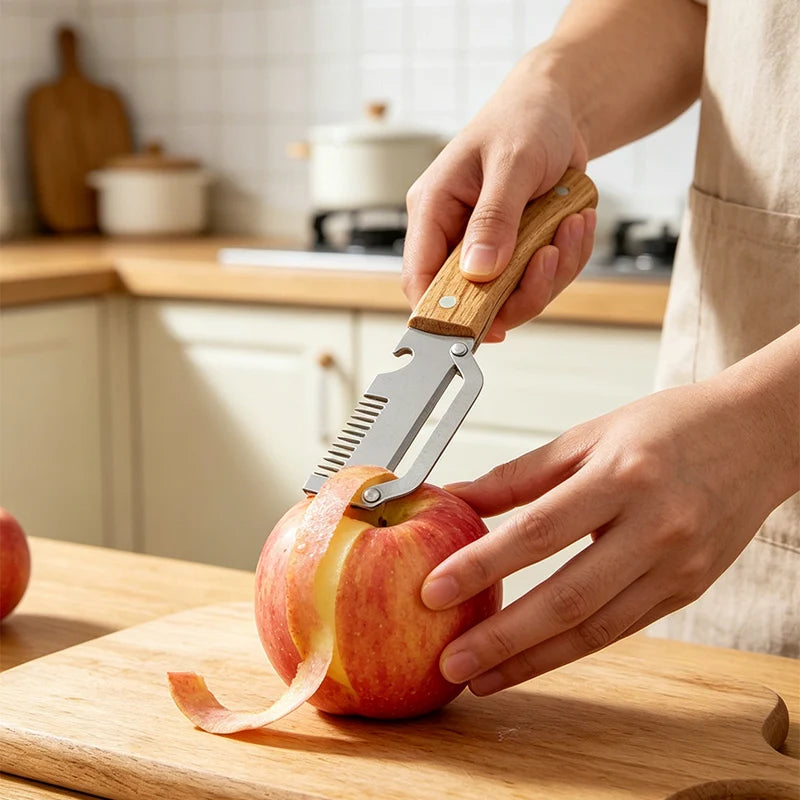 3-in-1 Stainless Steel Vegetable Peeler with Wooden Handle – Fruit & Potato Peeler with Built-In Bottle Opener