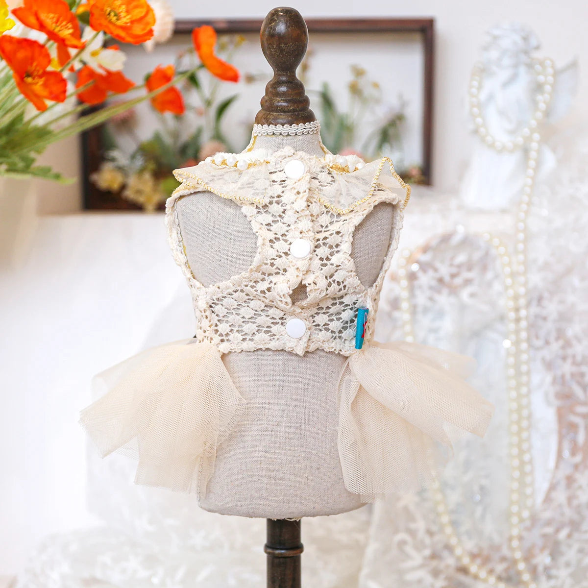 Luxury Pearl Lace Pet Wedding Dress – Coco Style Tutu for Small Dogs & Cats
