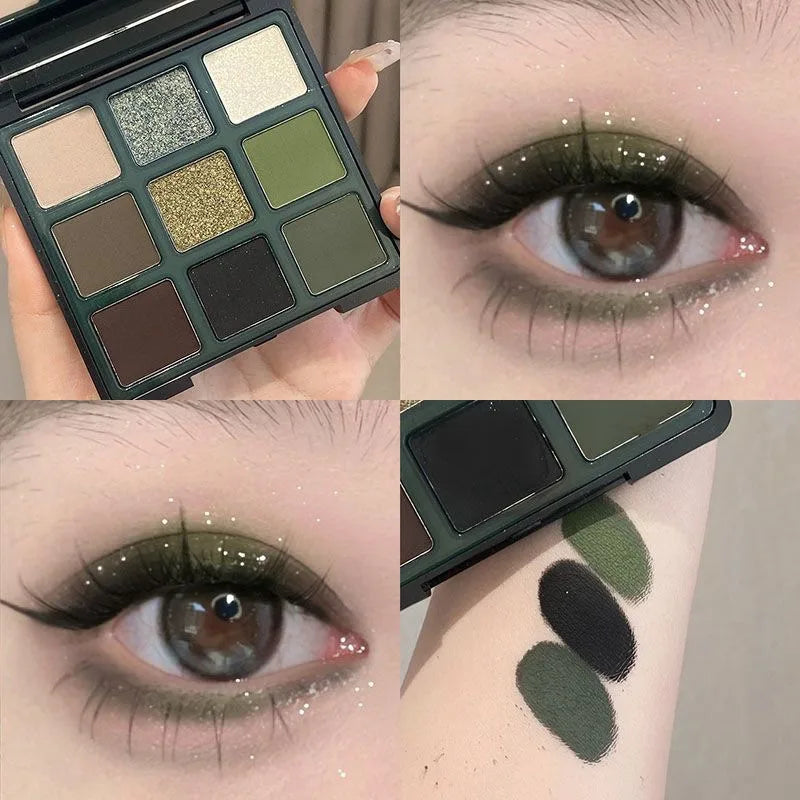 Palette fards à paupières 9 couleurs, vert olive, smoky eyes, mats et nacrés scintillants, poudre, paillettes, maquillage yeux