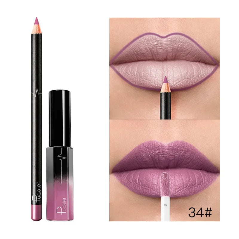 Set 2-en-1 rouge à lèvres mat velours – Crayon contour intégré | Tenue longue durée et waterproof | Gloss liquide et crayon pour un maquillage lèvres précis et élégant