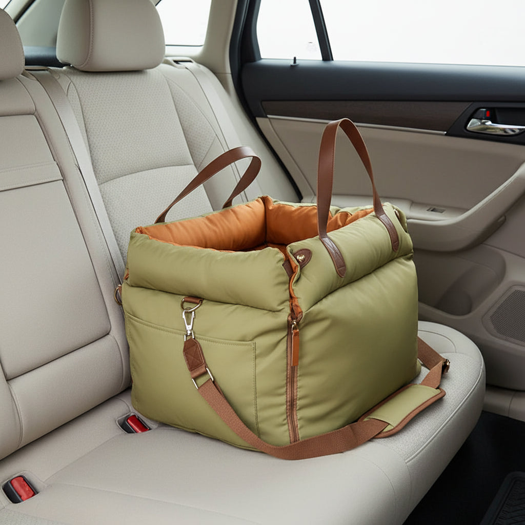 Dog Car Seat with Safety Belt – Washable Travel Bed for Small Dogs