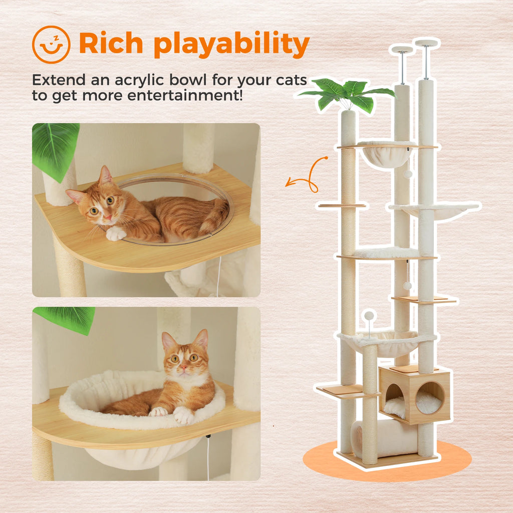 Floor-to-Ceiling Adjustable Wooden Cat Tree – Cat Tower with Hammock & Condo