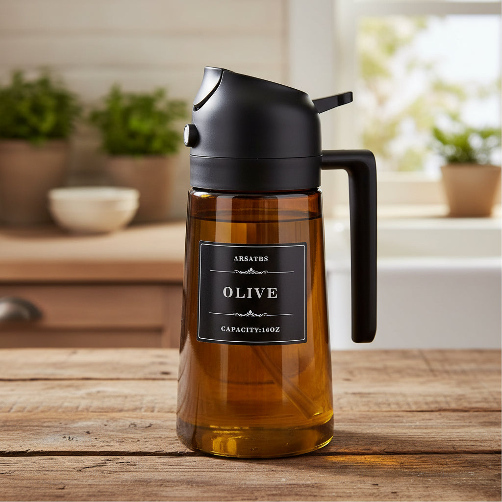 2-in-1 Glass Oil Dispenser & Sprayer – 470ml (16oz) Leakproof Olive Oil Bottle for Cooking, Air Fryer & BBQ