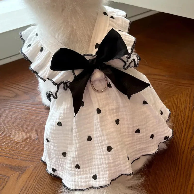 Heart Print Dog Dress with Bow – Cute Summer Princess Outfit for Small Dogs & Cats