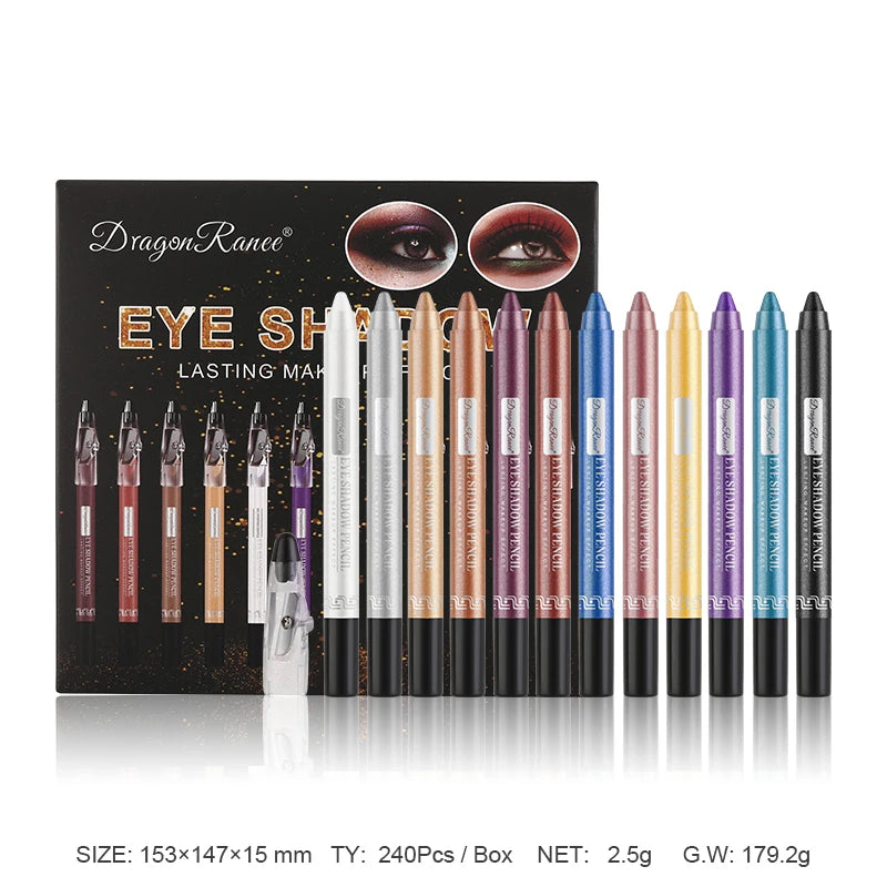 Set de 12 crayons fards à paupières, nacrés et scintillants, délicats et soyeux, longue tenue, waterproof, contouring et effet yeux intensifiés, application en un geste