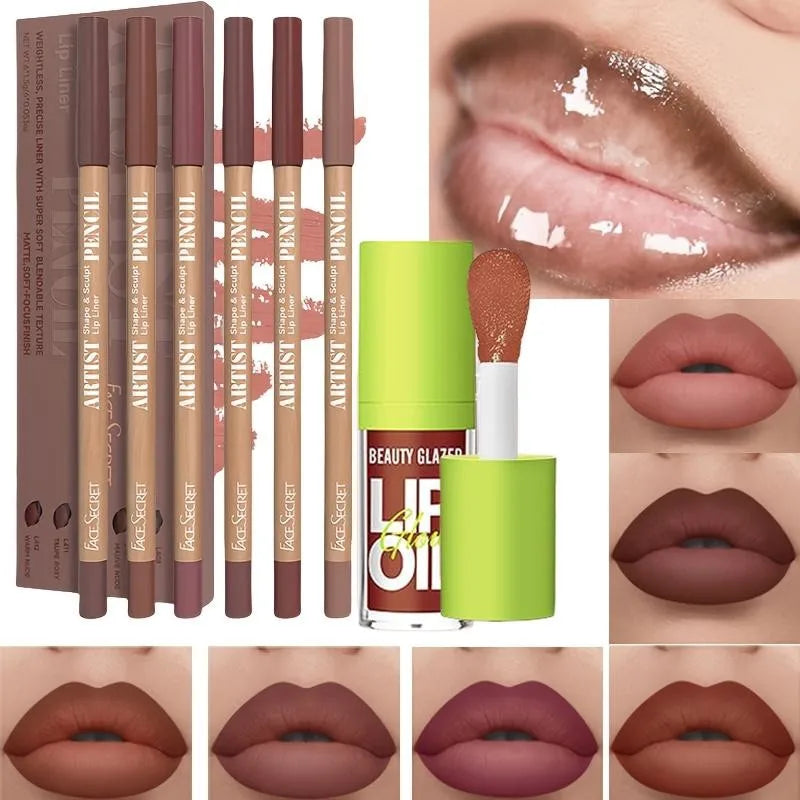 Set 6 Pièces – Crayons à Lèvres Mat Waterproof + Huile/Lip Essence, Effet Repulpant, Teinte et Soin des Lèvres, Gloss