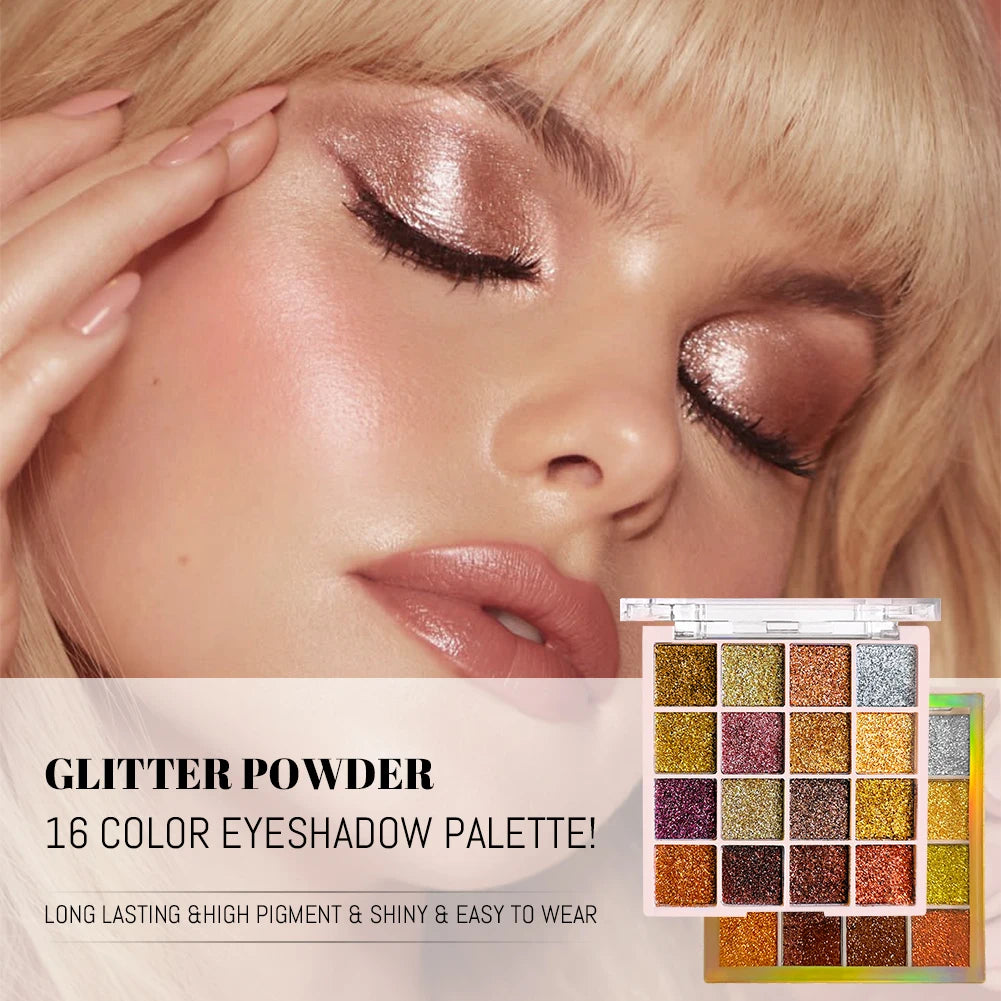 Palette fards à paupières 16 couleurs – Pailleté et sequins, scintillant diamant, waterproof, pour visage et corps