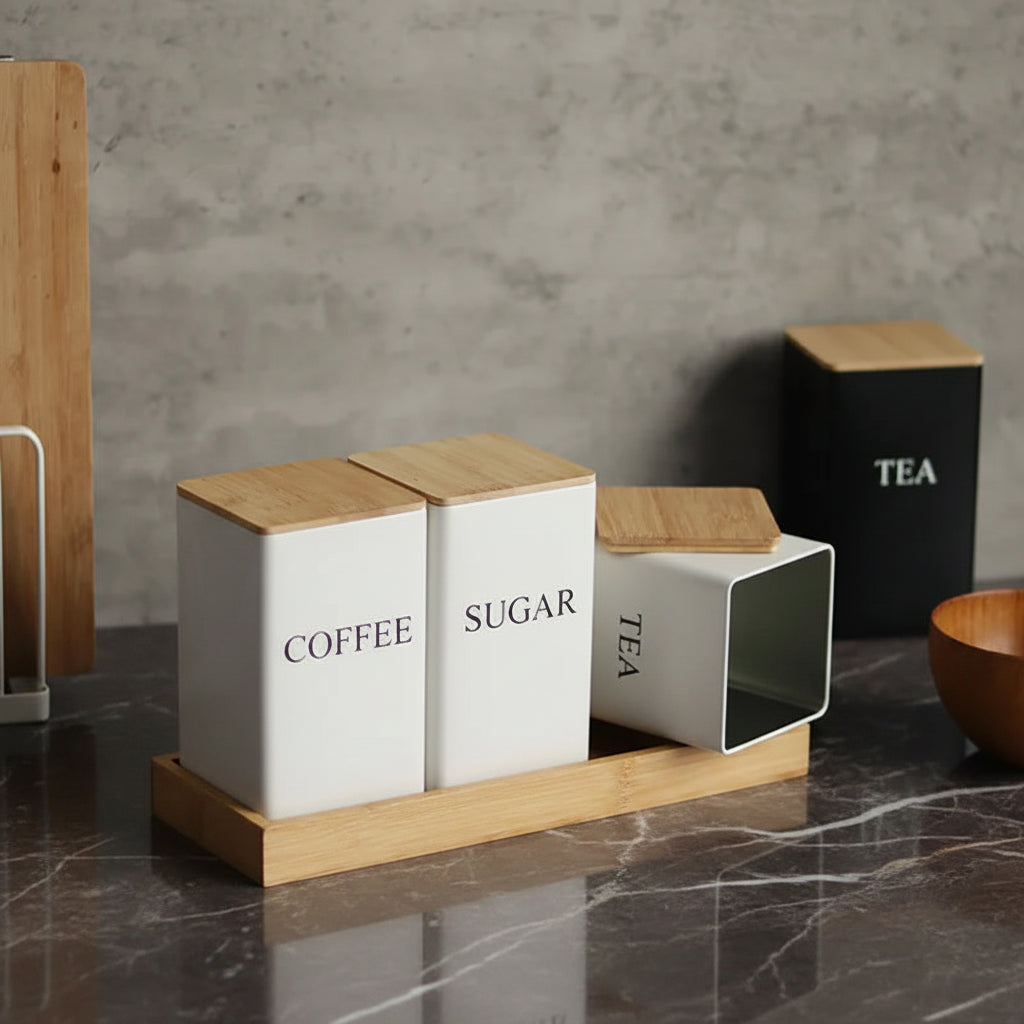 Metal Coffee Bean Storage Jar with Bamboo Lid – Tea, Coffee & Sugar Container