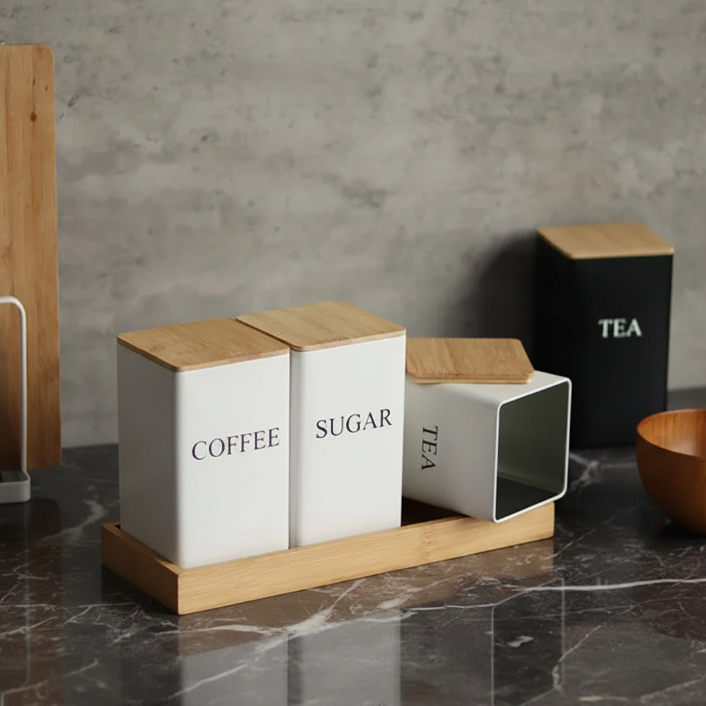 Coffee Bean Storage Jar with Bamboo Lid – Metal Tea & Sugar Container