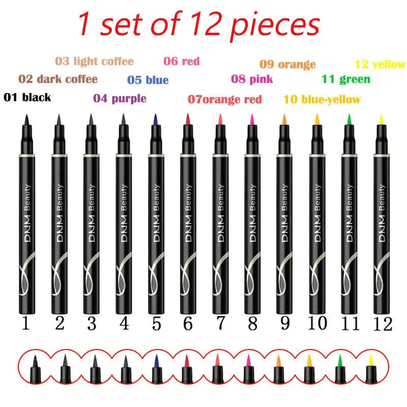Set 12 Crayons Eyeliner Liquide – Waterproof, Facile à Appliquer, Mat, Couleurs Bleu, Rouge, Vert, Blanc, Or et Marron