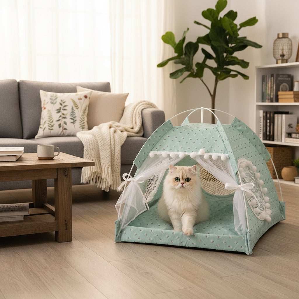 Foldable Princess Pet Bed – Floral Cat & Dog Tent House with Removable Cushion
