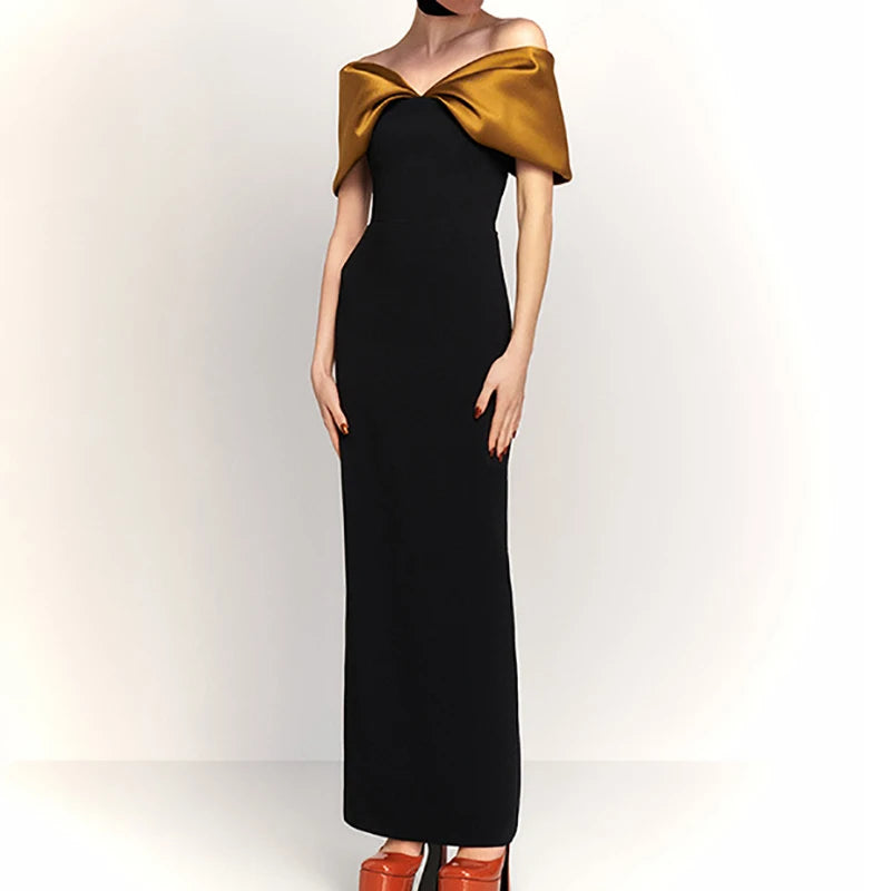 Robe Longue Femme Patchwork – Slim A-Ligne à Col Slash, Manches Courtes, Style Sexy & Club