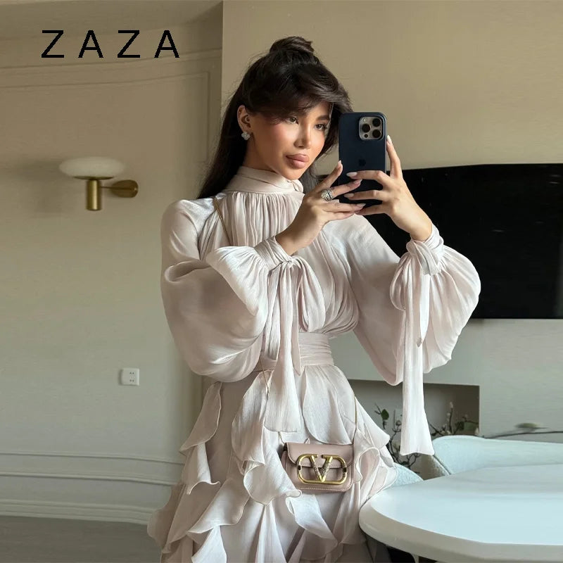 Robe Maxi Femme Brillante – Volants, Coupe A Slim, Manches Longues, Lacets, Élégante pour Soirées et Club, Robe d’Été Luxe