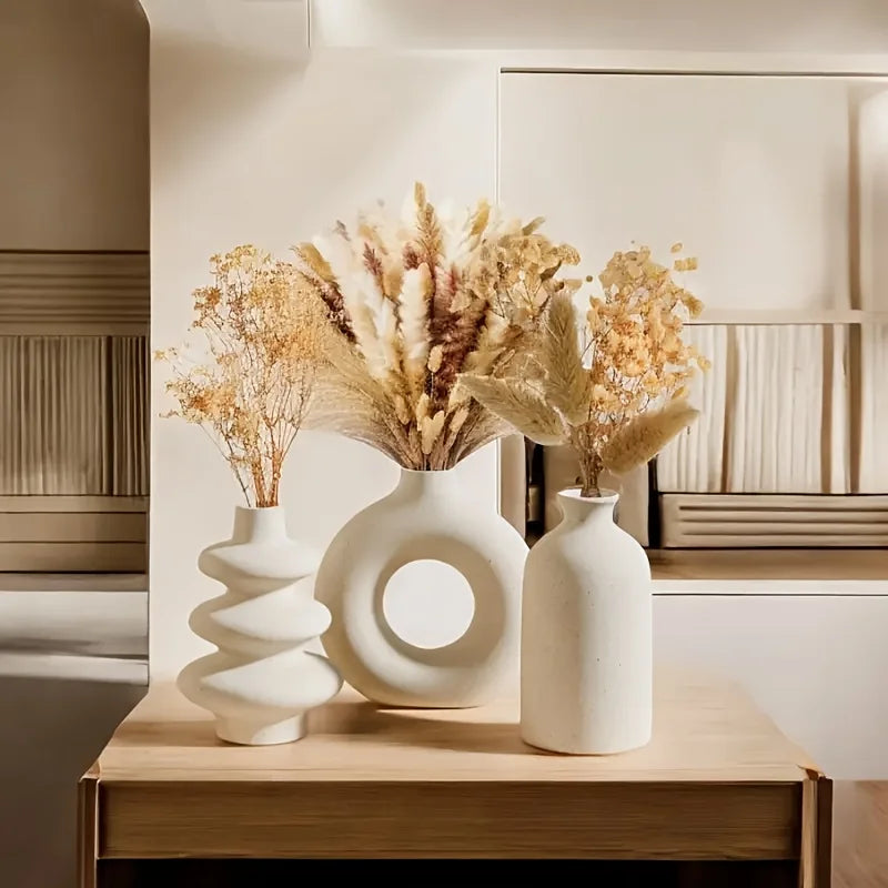 3-Piece White Boho Ceramic Vase Set – Decorative Vases for Home & Wedding Decor