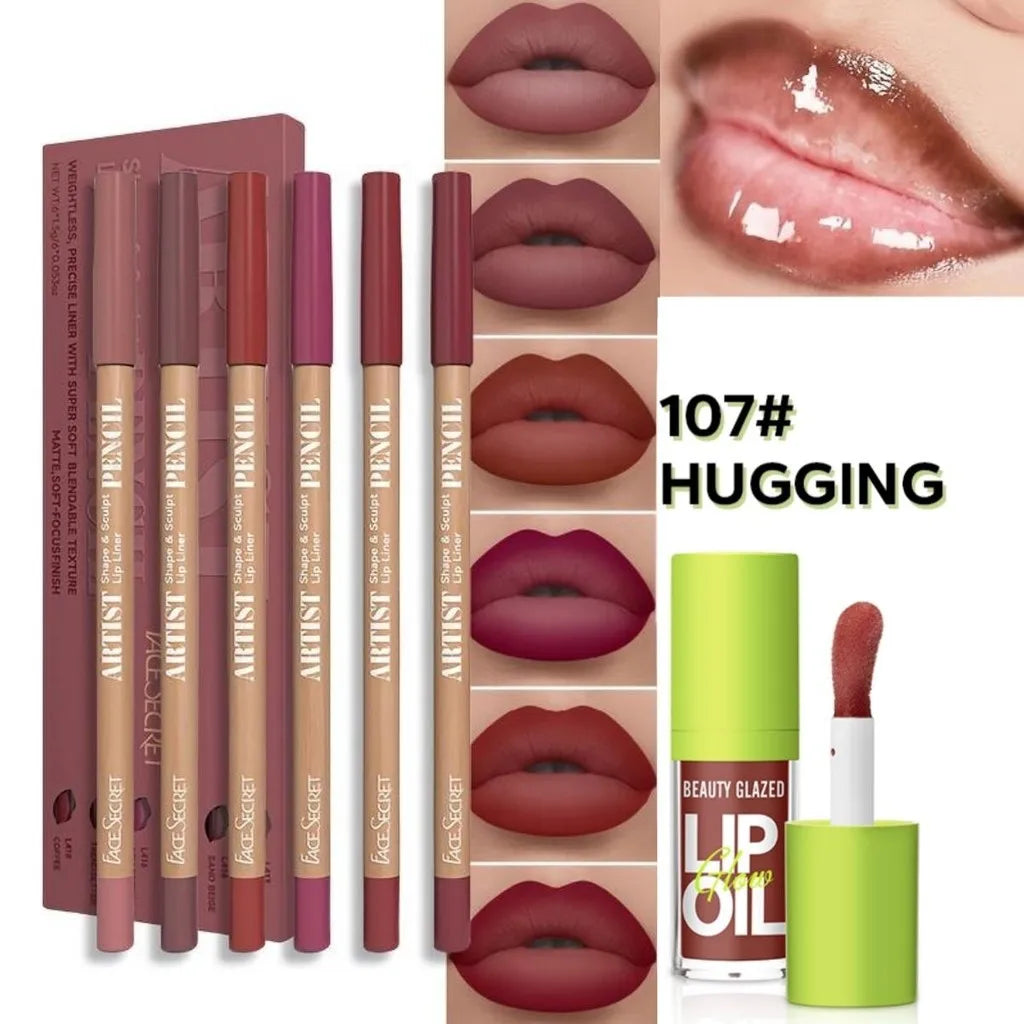 Set 6 Pièces – Crayons à Lèvres Mat Waterproof + Huile/Lip Essence, Effet Repulpant, Teinte et Soin des Lèvres, Gloss