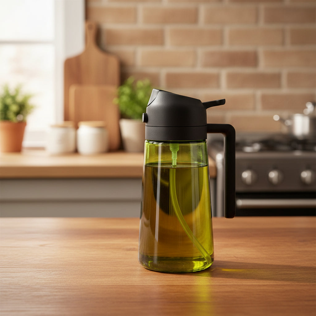 470ml Dark Green Glass Olive Oil Sprayer – 2-in-1 Oil Dispenser & Mister Bottle with Light-Blocking Design