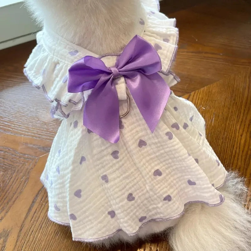 Heart Print Dog Dress with Bow – Cute Summer Princess Outfit for Small Dogs & Cats