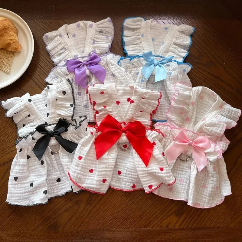 Heart Print Dog Dress with Bow – Cute Summer Princess Outfit for Small Dogs & Cats