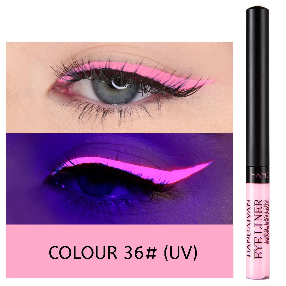 Eyeliner Néon UV — stylo liquide waterproof, fini mat, couleurs vives jaune, rouge et violet, maquillage yeux