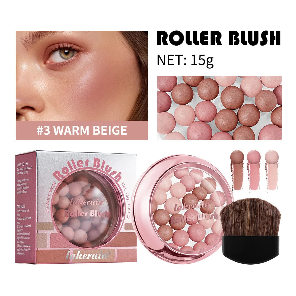Blush Sphérique à Rouleau avec Pinceau — Maquillage Naturel, Longue Tenue, Fini Perlé, Pour Joues et Contour du Visage, Cosmétiques pour Femmes
