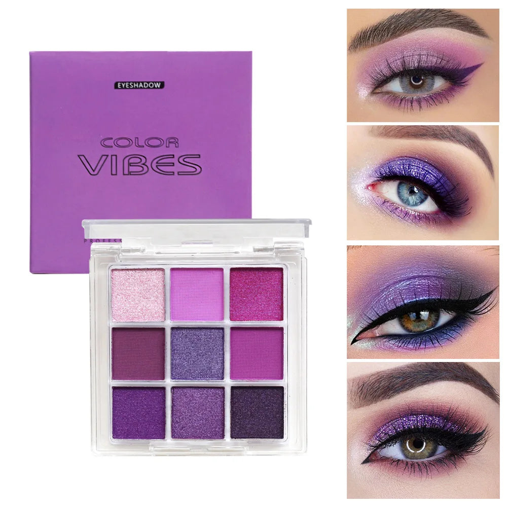 Palette fards à paupières 9 cases – Multicolore, pailleté, nacré et mat, scintillant et longue tenue, maquillage pour femmes
