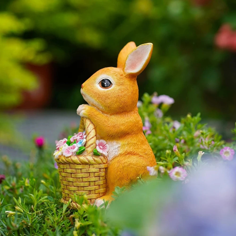 Solar Rabbit Garden Statue with LED Light – Bunny & Flower Outdoor Décor