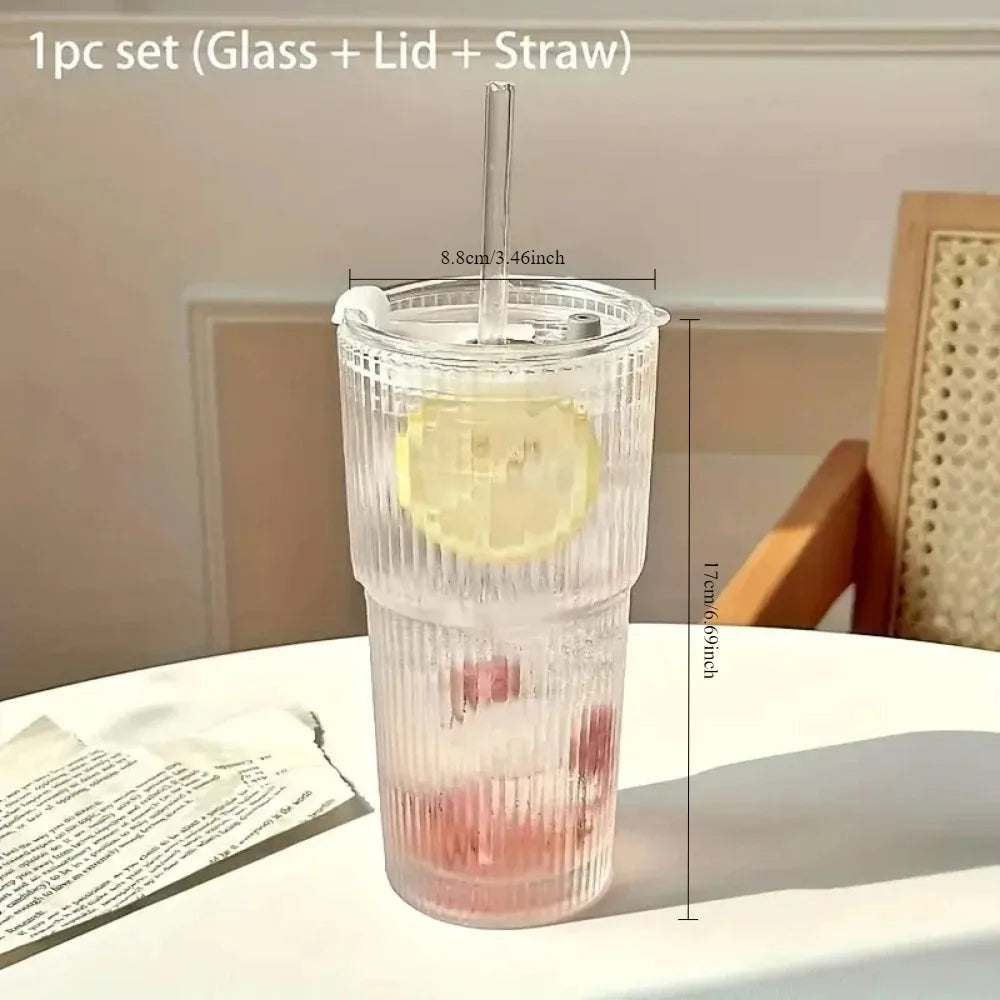 600ml Ribbed Glass Cup with Lid & Straw – Transparent Tumbler for Iced Coffee, Juice & Water