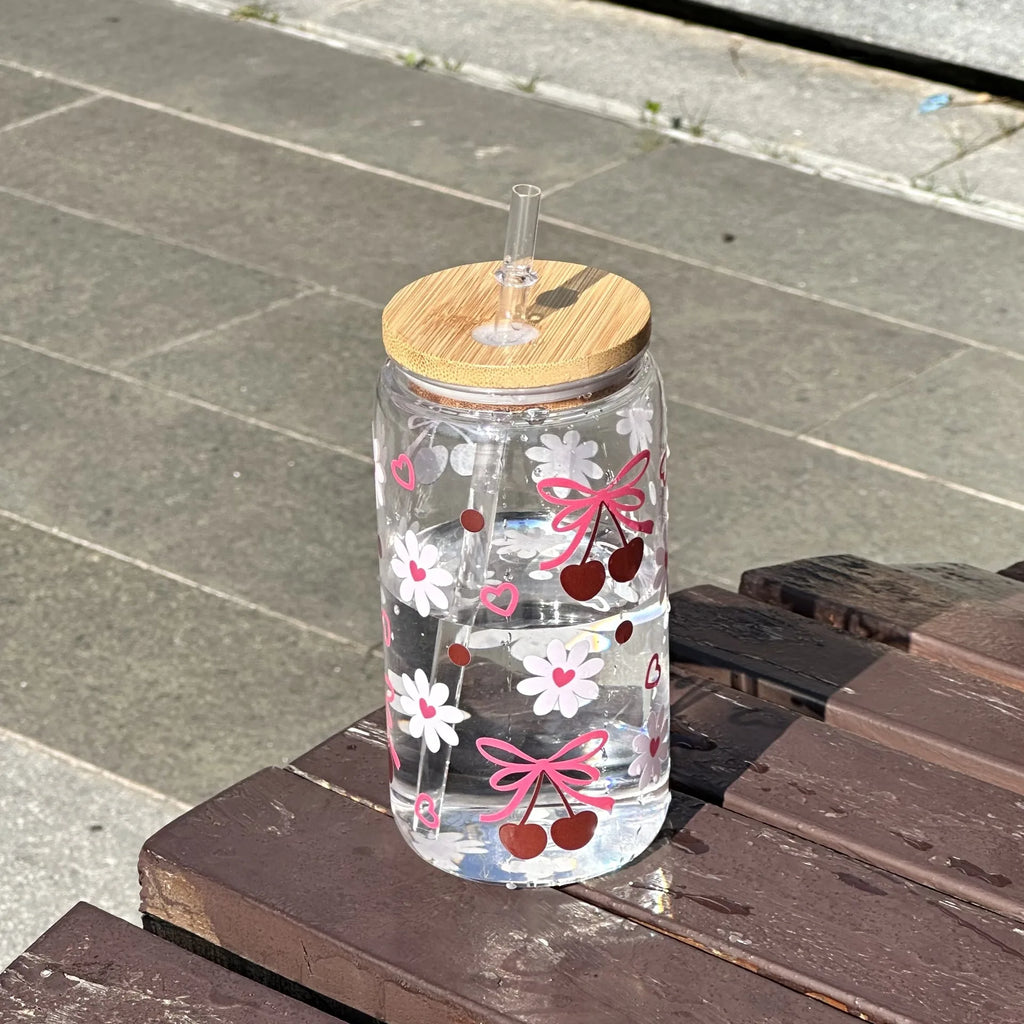 500ml Cute Bow Glass Tumbler with Lid & Straw – Mason Jar Style Cup for Iced Coffee, Juice & Smoothies