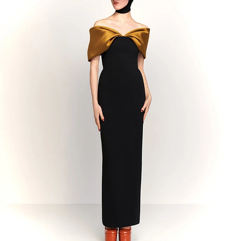 Robe Longue Femme Patchwork – Slim A-Ligne à Col Slash, Manches Courtes, Style Sexy & Club