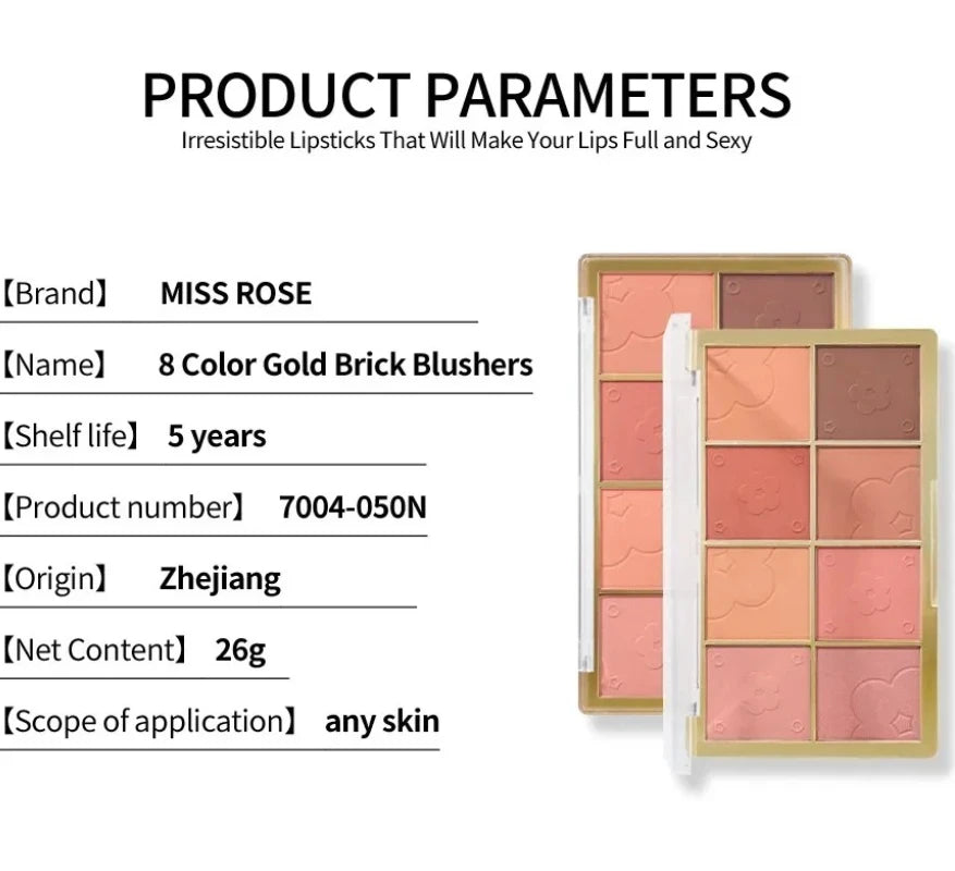 Palette de Blush 8 Couleurs — Teintes Naturelles et Nudes, Couverture Légère, Poudre Minérale Cuite, Blush Léger pour le Visage, Palette Cosmétique