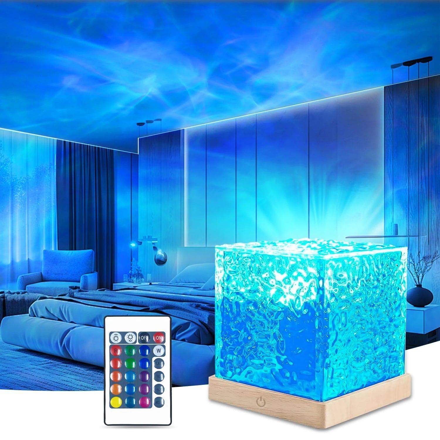16-Color Water Ripple Projector Lamp – Rotating Ocean Wave LED Night Light with Remote Control