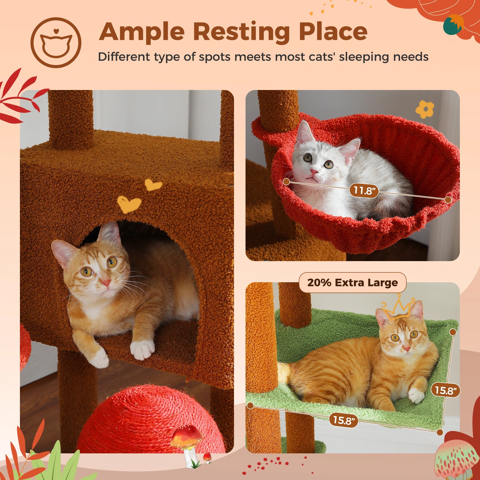 Floor-to-Ceiling Adjustable Wooden Cat Tree – Cat Tower with Hammock & Condo