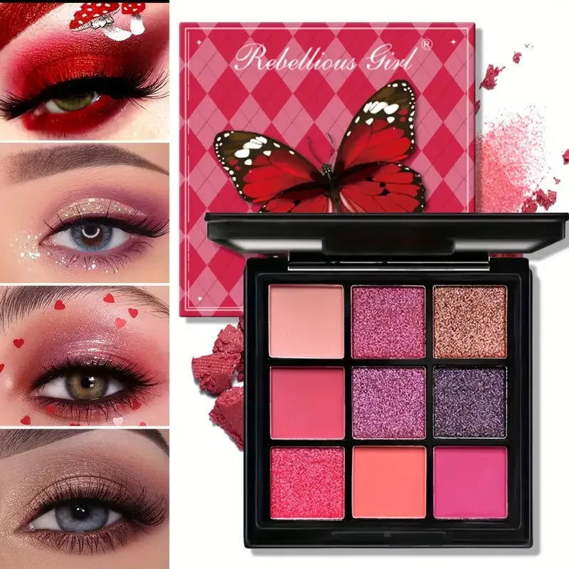 **« Palette fards à paupières 9 cases – Rouge et violet, pailleté, nacré et mat, longue tenue »**