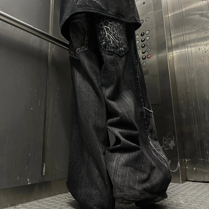 Jean Y2K Phantom Unisexe – Streetwear Gothique et Hip Hop, Broderie Araignée, Coupe Oversized Baggy, Style High Street Rétro