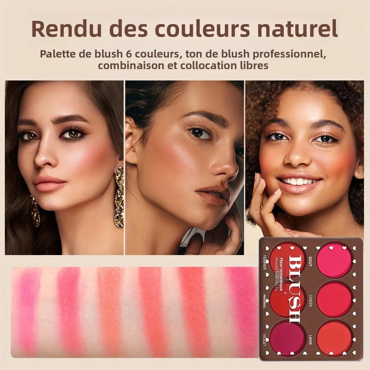 Palette de blush 6 couleurs – Tons naturels, palette d’ombres à paupières et blush mat – Légère et respirante, adaptée pour joues et yeux