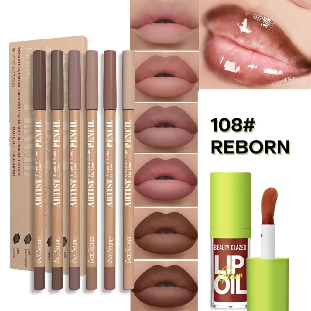 Set 6 Pièces – Crayons à Lèvres Mat Waterproof + Huile/Lip Essence, Effet Repulpant, Teinte et Soin des Lèvres, Gloss