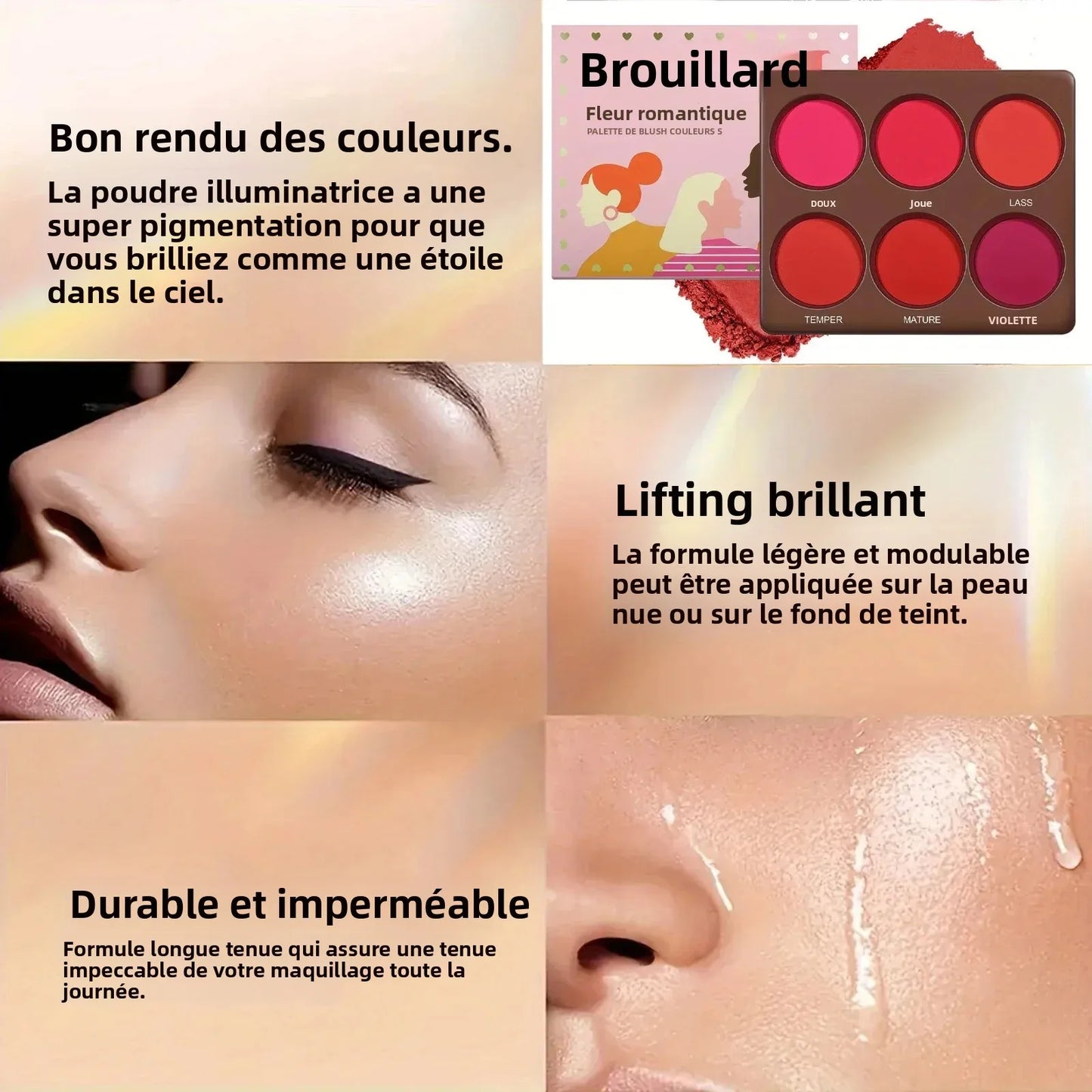 Set 1 palette de blush 6 couleurs – Mat et waterproof, couvrance modulable moyenne, longue tenue – Fini naturel, léger et respirant, avec pinceau offert