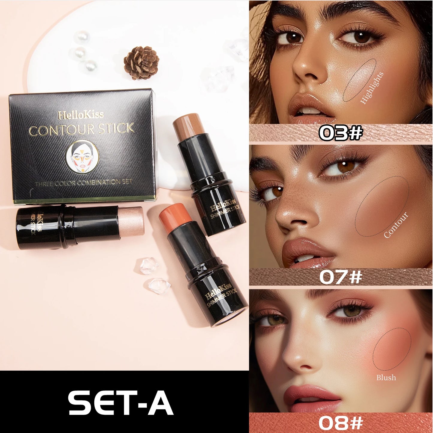 Set de 3 Correcteurs en Stick— Résistant à l’Eau, Contrôle du Sébum, Crème Multifonction pour Highlighter, Contour et Blush