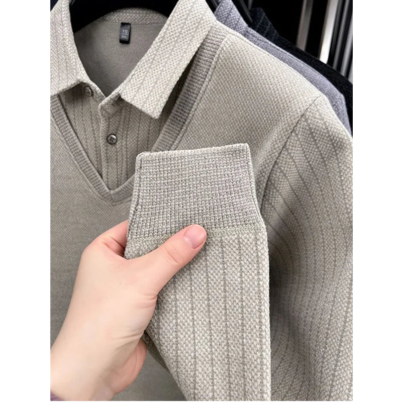 Pull pour hommes col Polo étiquette Patchwork rayures doublure en laine peluche tricoté épaissi pull marque de luxe impression Thermo vêtements pour hommes