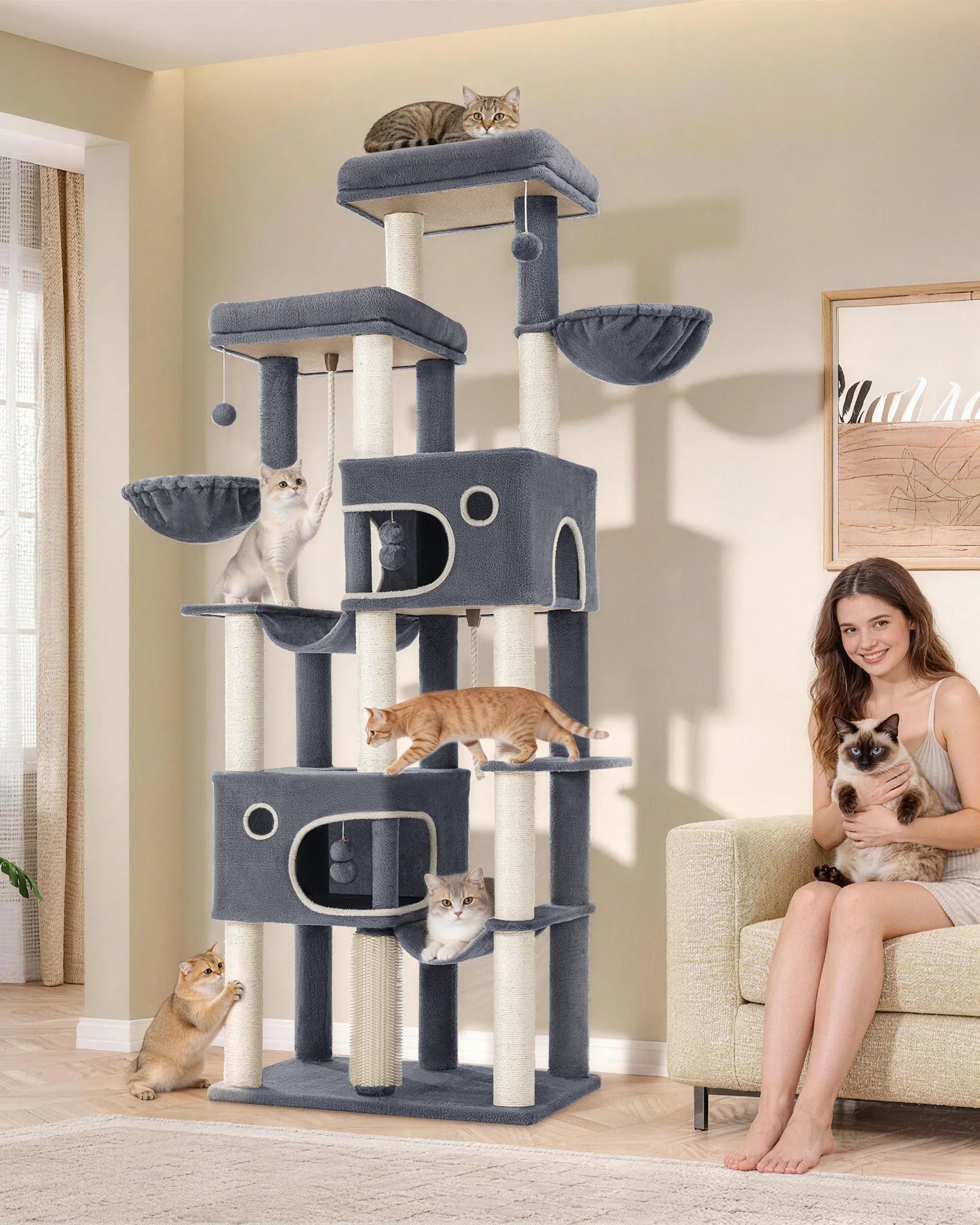 213 cm Extra-Large Cat Tree – Multi-Level Cat Tower with Caves & Platforms