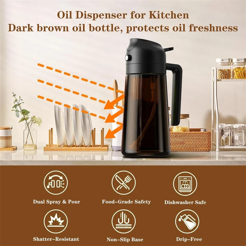 2-in-1 Glass Oil Dispenser & Sprayer – 470ml (16oz) Leakproof Olive Oil Bottle for Cooking, Air Fryer & BBQ