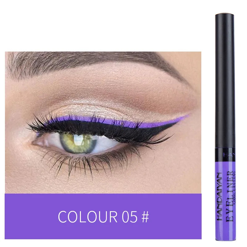 Eyeliner Néon UV — stylo liquide waterproof, fini mat, couleurs vives jaune, rouge et violet, maquillage yeux